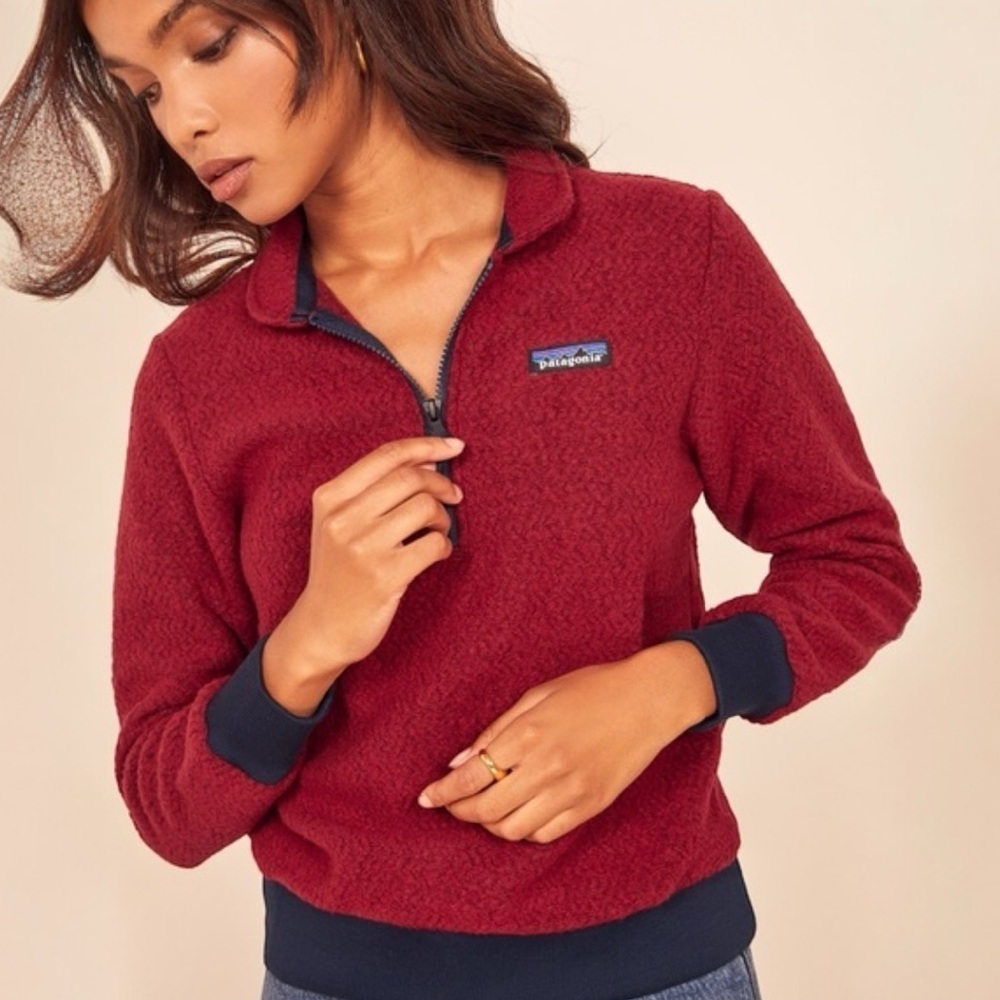 Patagonia Woolyester Fleece Pullover Womenโs Burgundy Oxide Red/Blue Trim XL
